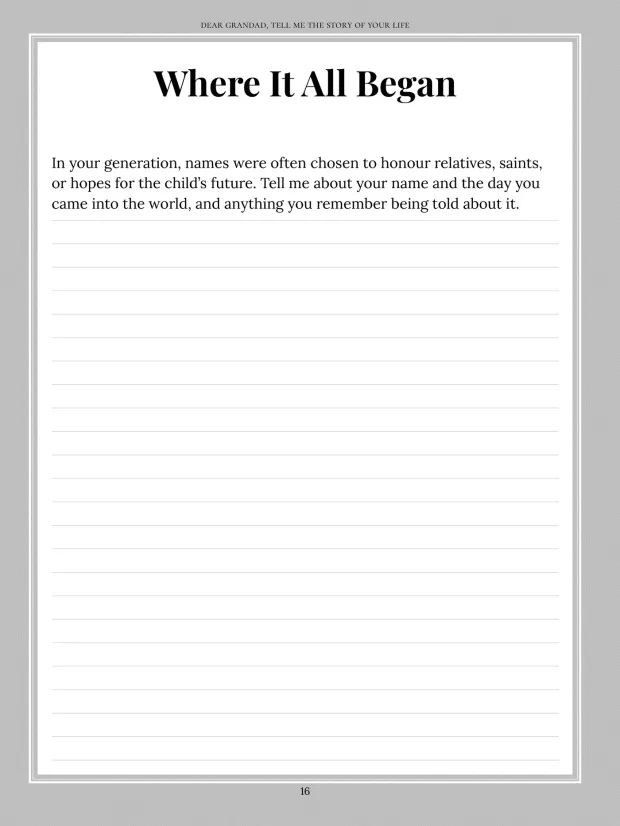 Dear Grandad, A writing page — page 16, black and white edition