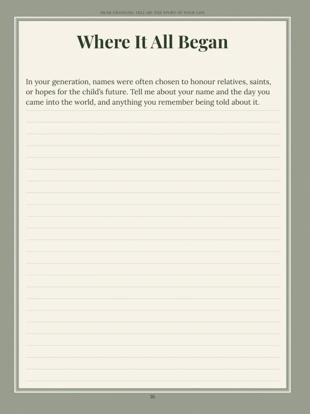Dear Grandad, A writing page — page 16, colour edition